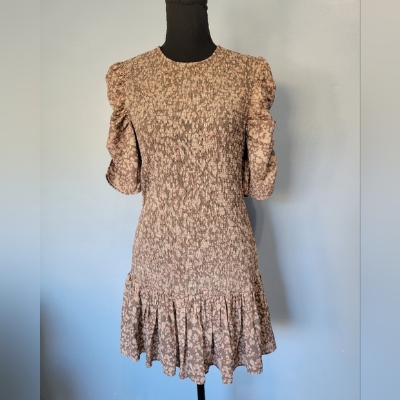 French Connection Erika Drape Printed Smock Dress in Khaki-Green Size Small - Picture 2 of 10